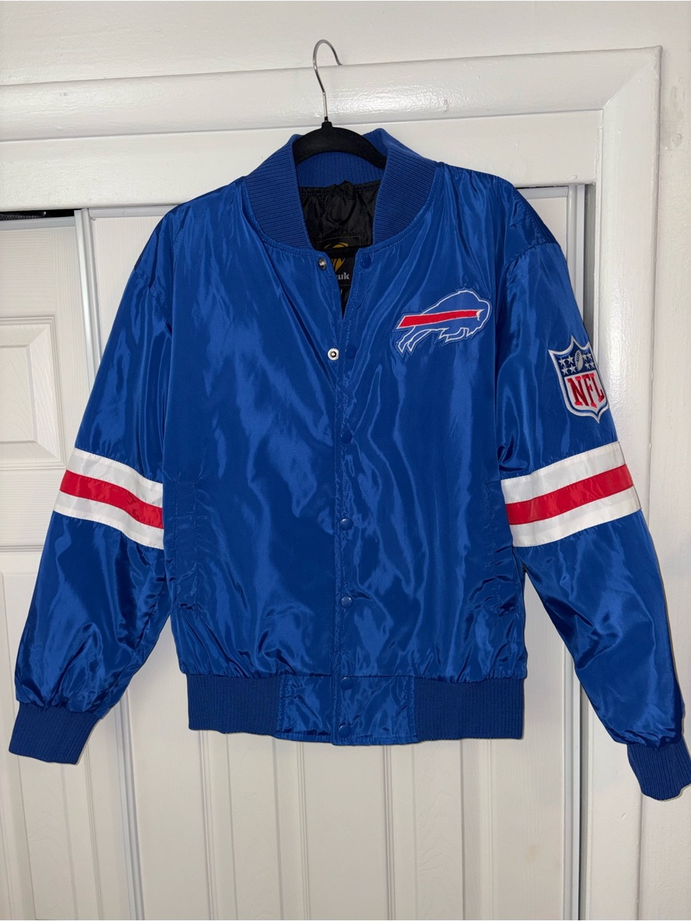 NFL Blue Buffalo Bills Satin Bomber Jacket with Red & White Accents